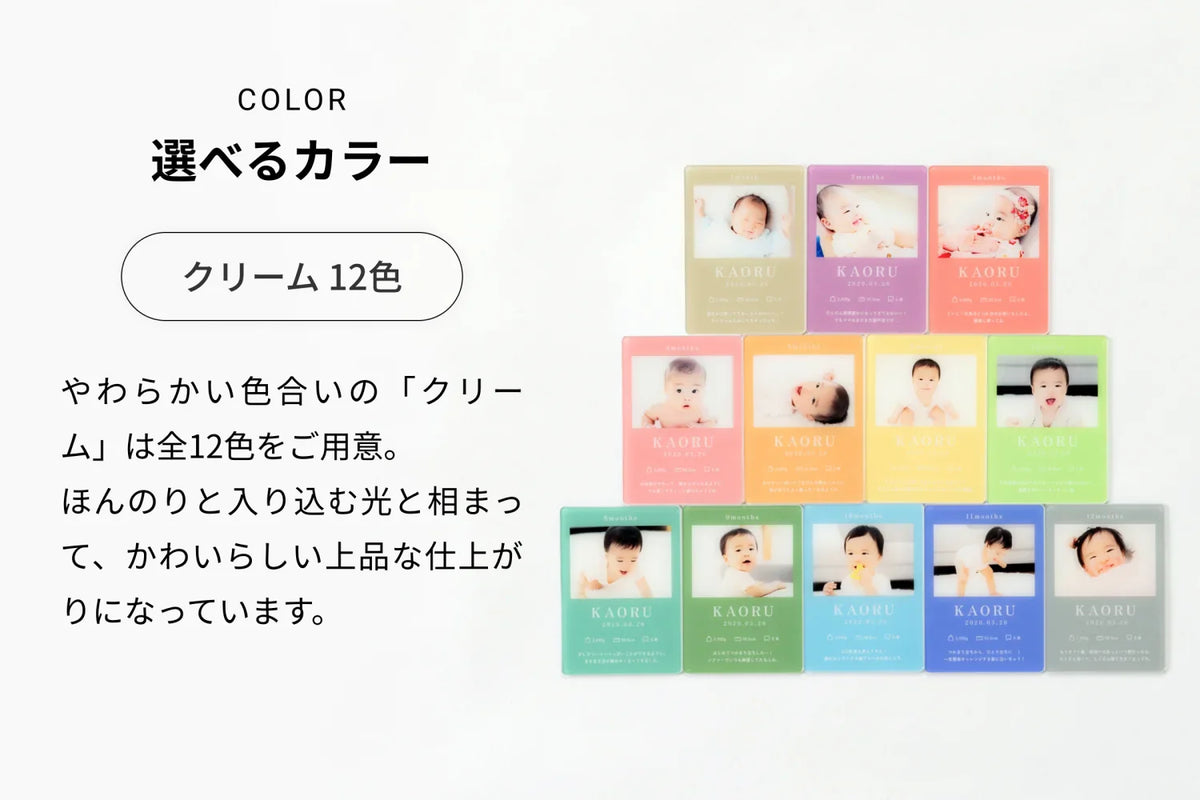 COLOR 選べるカラー（クリーム 12色）やわらかい色合いの「クリーム」は全12色をご用意。ほんのりと入り込む光と相まって、可愛らしいかわいらしい上品な仕上がりになっています。